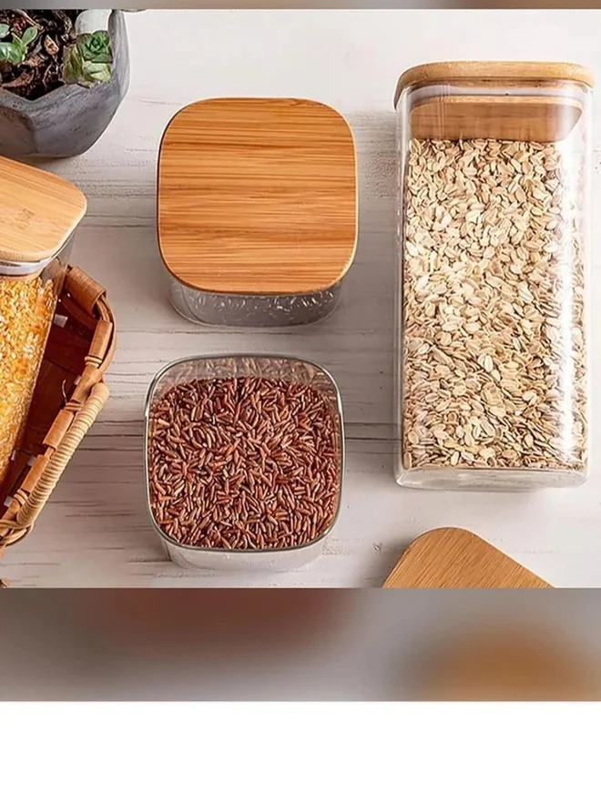 1 تشيس 1CHASE 3-Piece Square Glass Storage Jar with Air tight Bamboo Lid 1500 ML